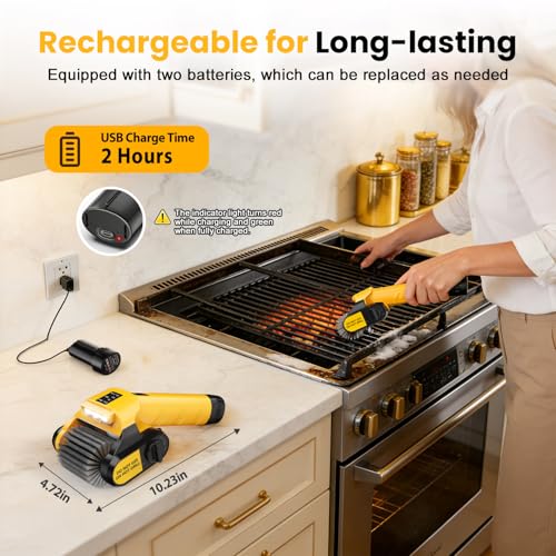 Qimedo Electric Grill Brush for BBQ – Powerful Barbecue Cleaning Brush with 2 Rechargeable Batteries & 2 Replaceable Stainless Steel Heads for Grill Grates, Flat Tops & Plancha