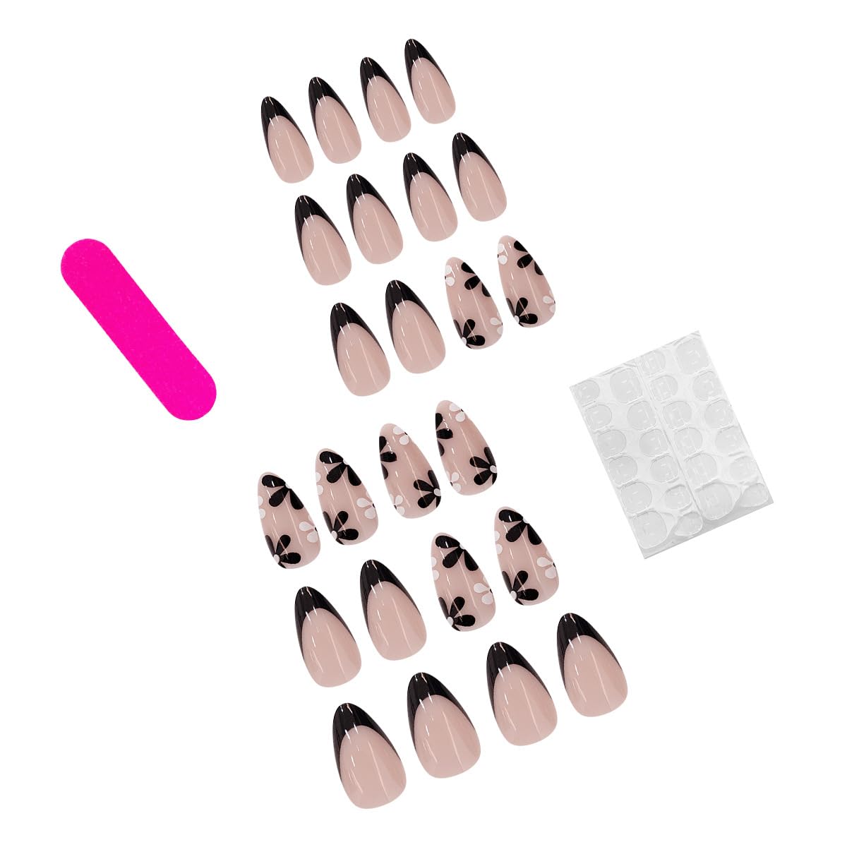 24 Pcs Spring Press on Nails Short Almond - YEFIUO Acrylic Fake Nails Press ons Black French Nail Art Tip Glue on Nails with Small Flowers Design Full Cover False Nails Stick on Nails Kit for Women - Image 3