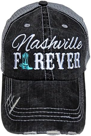 Embroidered "Nashville Forever" Grey Vintage Baseball Trucker Cap Hat Western (Mint Cowboy Boot)