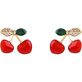 Kokoma Cute Cherry Stud Earrings Red Enamel with Crystal Leaves Sweet Fruit Earrings Statement Studs Gold Plated Dainty Jewelry for Women