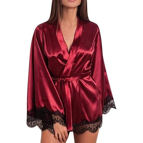 Mlide Women's Japanese Kimono Style Robe Rayon And Lace Pajamas With Belt(S-XXXL)