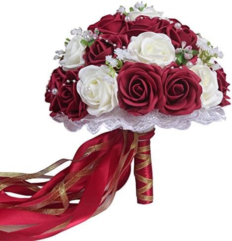 iLovewedding Artificial Rose Flowers with Pearls Bridal Accessories Wedding Bouquets (Burgundy)