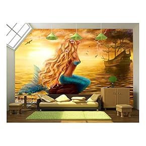 Beautiful Princess Sea Mermaid with Ghost Ship at Sunset Background - Removable Wall Mural | Self-Adhesive Large Wallpaper - 66x96 inches