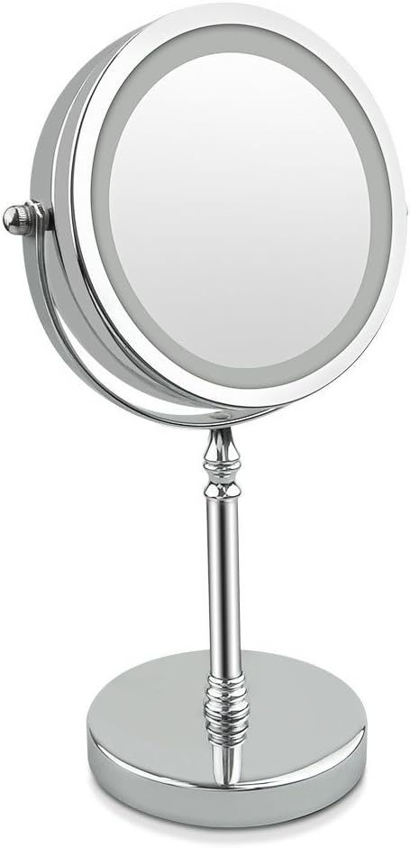 LED Lighted Makeup Mirror, Bermud 360 ° Rotating 18 Pieces Led Lights 7 Inch 10 times magnifying Makeup Table Mirror, Stainless steel & nickel-plated, Silver