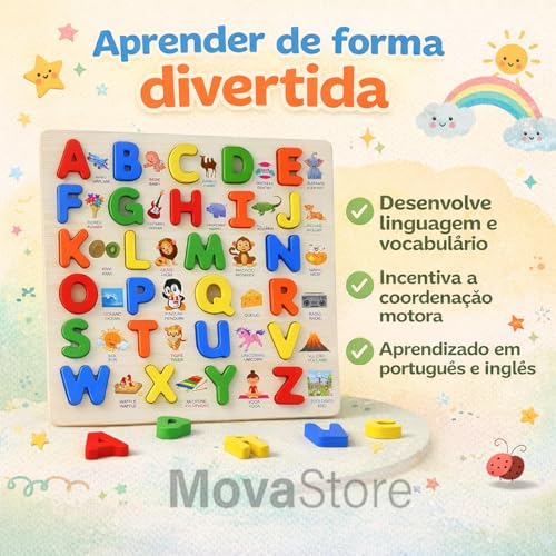 Tabuleiro Alfabeto em Madeira Montessoriano Educativo Brinquedo Pedagógico para Crianças 26 Letras Coloridas com Palavras e Figuras Ilustrativas Bilíngue Português e Inglês