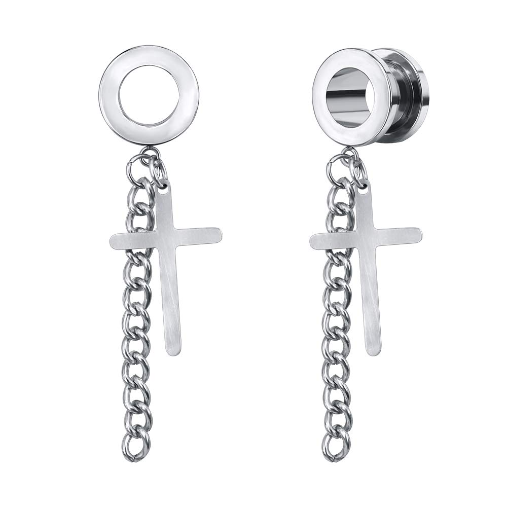 Cool Surgical Steel Ear Tunnel Feather Chain Dangle Gauge Flesh Tunnel Plug for Ear Stretching Piercing (Style 2, Gauge=9/16"(14mm))