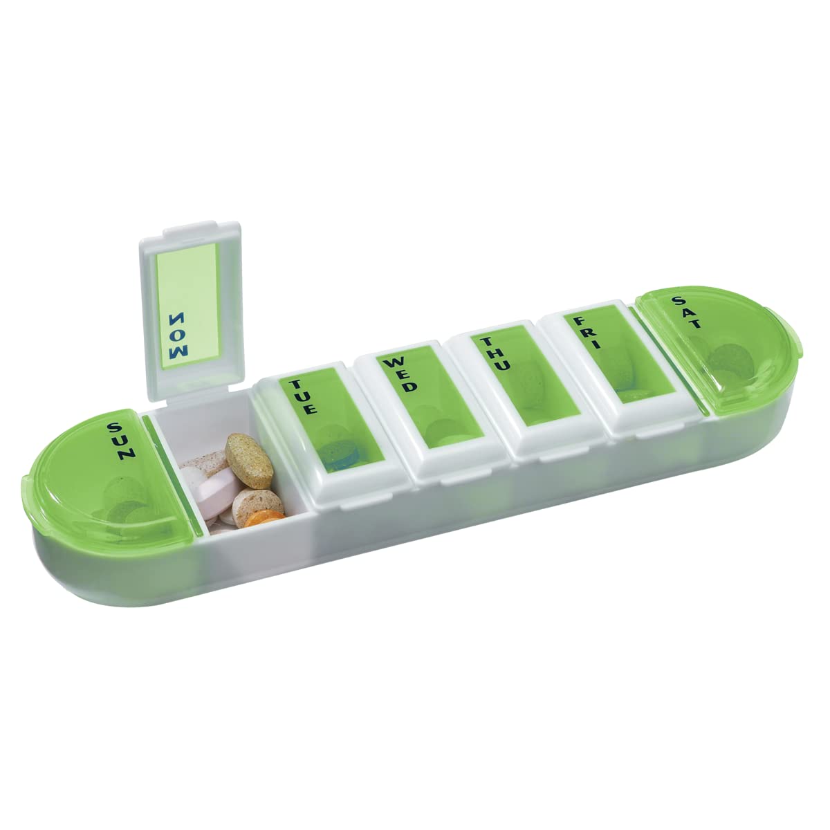 Ezy Dose Weekly (7-Day) Pill Organizer, Vitamin and Medicine Box, Rounded Base Compartments, Assorted Colors