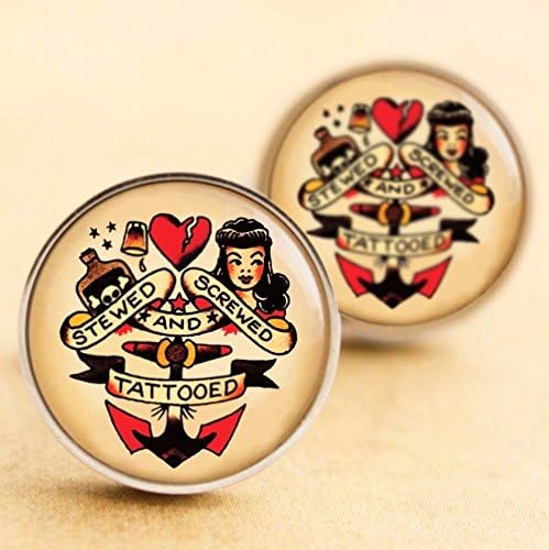Sailor Jerry Stewed, Screwed & Tattooed Cufflinks, Stainless Steel Cufflinks, Rockabilly Cufflinks, Tattoo