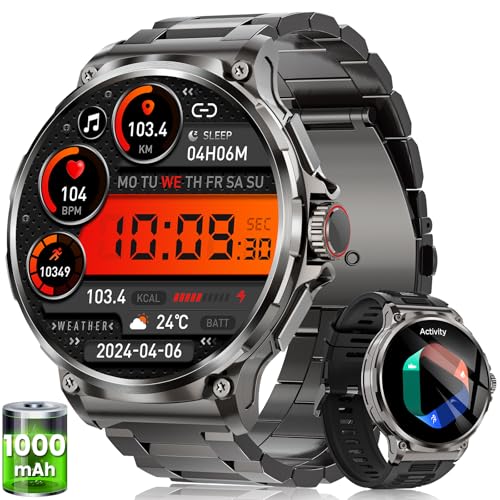 Men's Smart Watch with 1000 mAh Battery, 1.92 Inch AMOLED, 5ATM Waterproof Military Smartwatch, 120+ Sports Modes, Bluetooth Calling, 24/7 Heart Rate/Sleep/Pedometer Android iOS