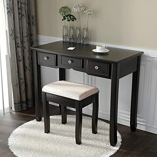 Amolife Vanity Makeup Set with 5 Drawers, Dressing Table with Removable Mirror and Cushioned Stool, Makeup Desk, Solid Wood Legs, Crystal Knob, Black