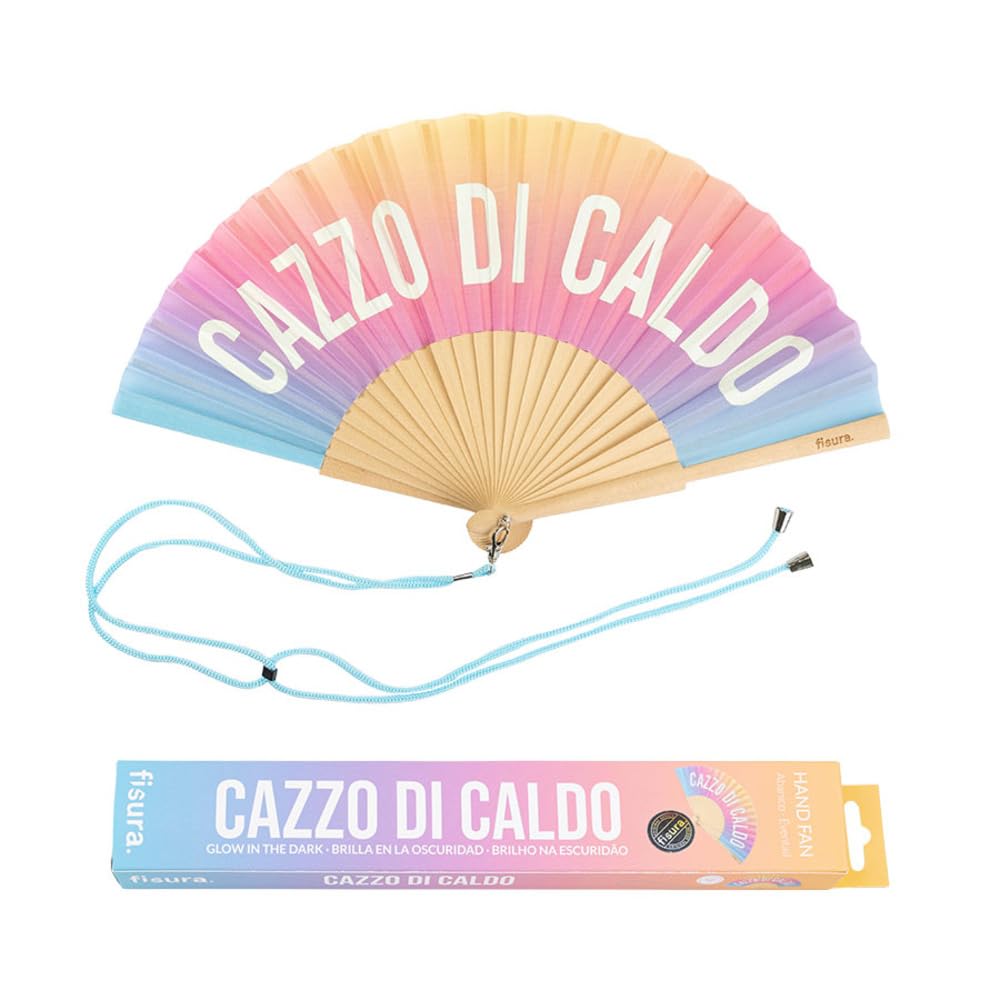 Fisura - Original handheld folding fan with the message in message in Italian and German wooden fan. Original holding Hand Fans. Fan with hanger included (Caldo, gradient)
