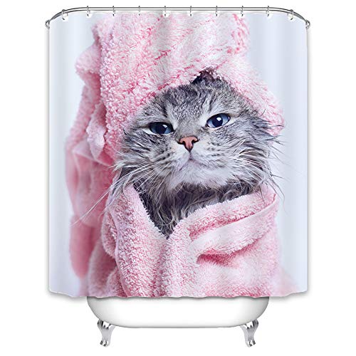 X-Labor Animal Shower Curtain 240 x 200 cm Waterproof Anti-Mould Fabric with 12 Shower Curtain Rings, Washable Shower Curtain 240 x 200 cm Cat B