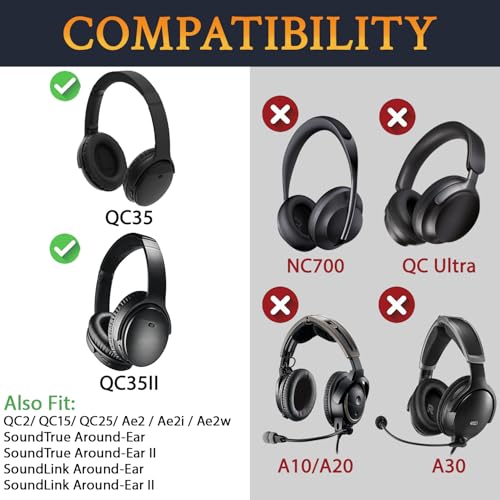 SoloWIT Almohadillas para Bose QuietComfort 35 (QC35) & Quiet Comfort 35II (QC35 II) Auriculares, Espuma de Alta Densidad y Cuero Proteico