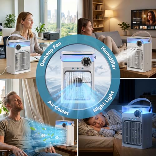 YFFU Portable Air Conditioner with Remote Control,1200ml Evaporative USB Mini Air Cooler RGB 8 Lights, 3 Wind Speeds, 3 Spray Modes, 2-8H Timer Small Air Conditioning Unit for Home Bedroom,Warm White