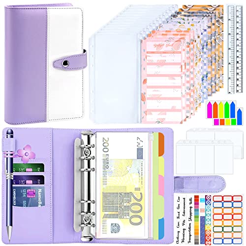 Amzeeniu 38pcs Classeur A6 Classeur Enveloppe Budget,PU Cuir Budget Planner Couverture,Documents Multifonctionnel avec Transparentes Pochettes Zippées Dossier,feuilles Budget autocollants d'étiquettes
