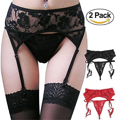 COCOPLAZA 2 Pack Women Sexy Lace Sheer Garter Adjustable Suspender Belt With G-String Lingerie (XL For Waist: 25.2"-29.1", Black+Red)