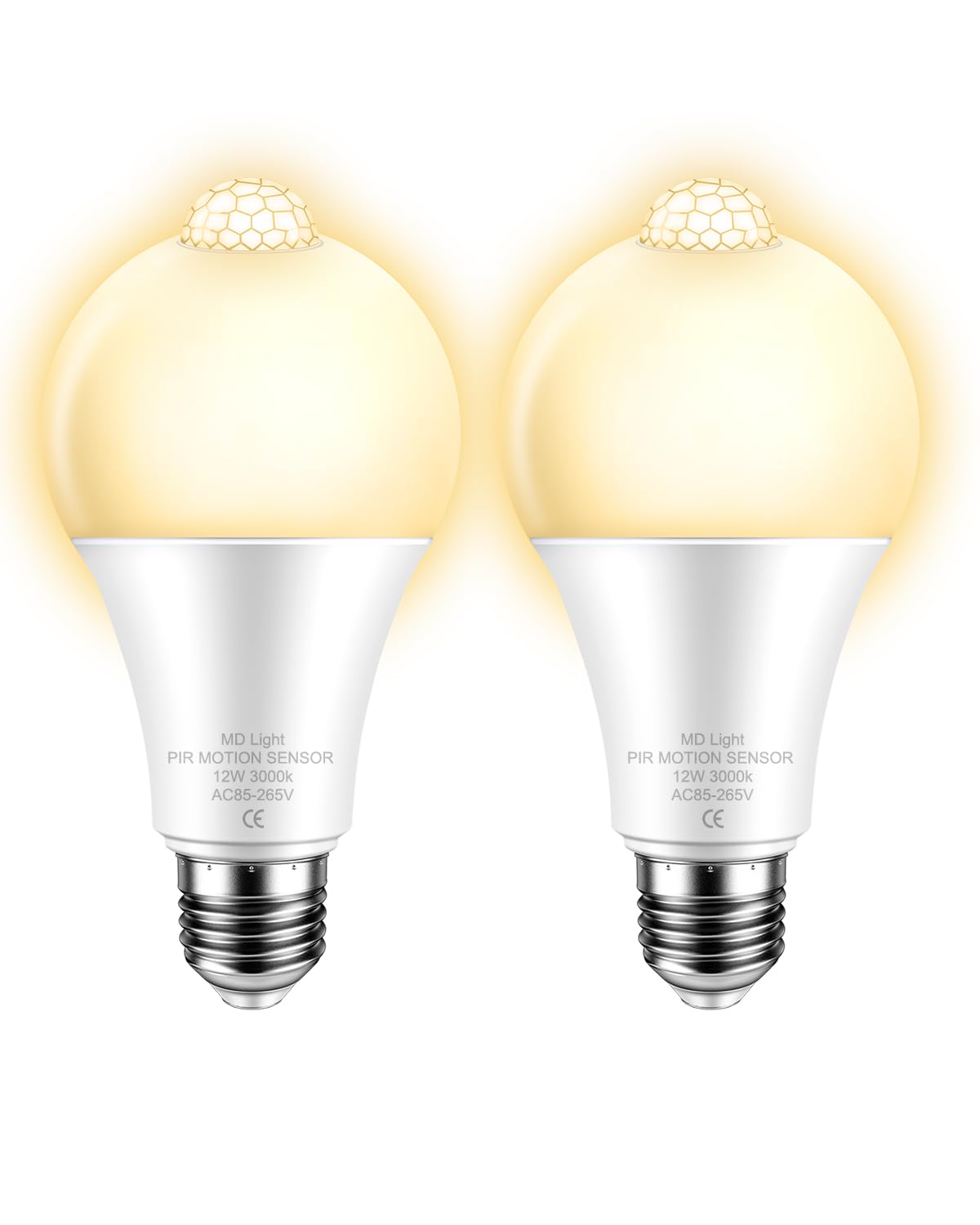 MDLITIN PIR Motion Sensor Light Bulb, 12W E27 Screw, 100W Equivalent, 3000K Warm White, Security Lighting for Front Door, Hallway, Basement (2 Pack)
