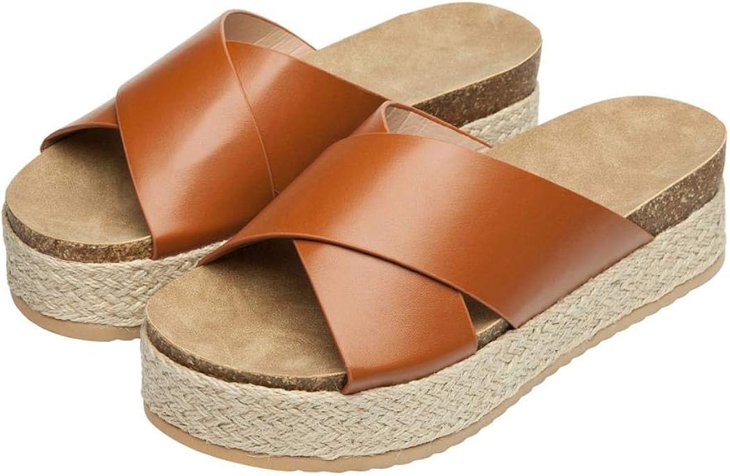 Womens Leather Wedge Sandals Open Toe Flip Flops Casual Flats Sandals for Women Beach Office Walking Shoes Comfortable Platform Sandals