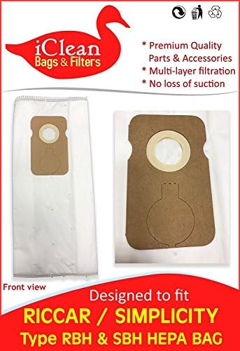 Riccar Type B HEPA bag - RBH / Simplicity Type B HEPA bag SBH - 10 HEPA bags designed by iClean Vacuums - to fit Riccar 8000 series and Simplicity 7000 series vacuum cleaner