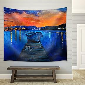 Original Oil Painting of Boat and Jetty(Pier) on Canvas.Rich Golden Sunset Over Ocean.Modern Impressionism - Fabric Wall Tapestry Home Decor - 51x60 inches