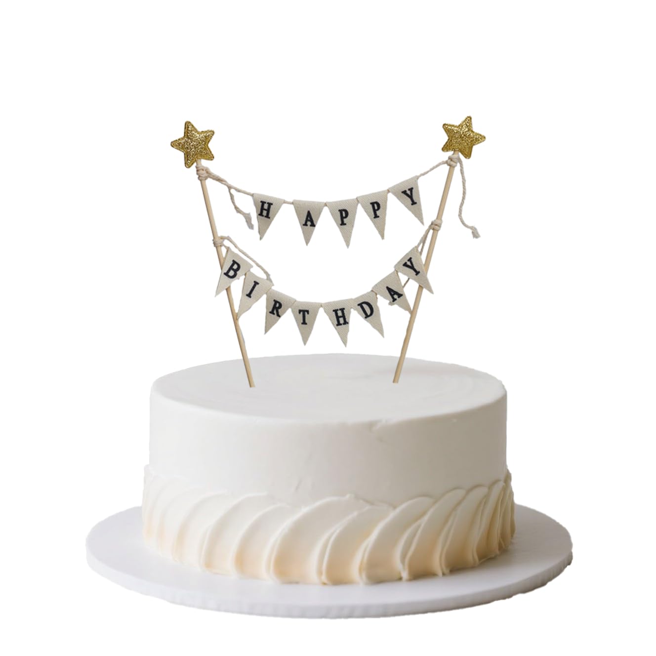 Photo 1 of Banner Happy Birthday Cake Topper Ivory Handmade Pennant Flags Garland with Wood Pole Happy Birthday Topper for Cake Party Supplies Decorations (with Gold Star)