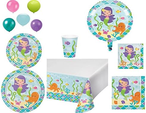 Disposable Plates/Napkins/Cups/Tablecloth/Balloons Mermaid Friends Themed Party Pack, 8 Piece Bundle