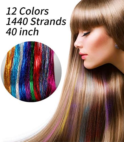 Hair Tinsel 12 Colors 1440 Strands of Fairy Hair Sparkling Shiny Hair Extensions Party Highlights and Outdoor Activities