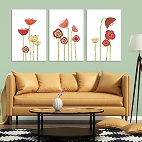 3 Panel Hand Drawing Style Colorful Poppy Flowers...