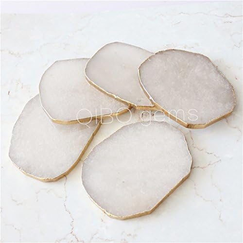 QIBO gold quartz slices coasters,polished white quartz slice