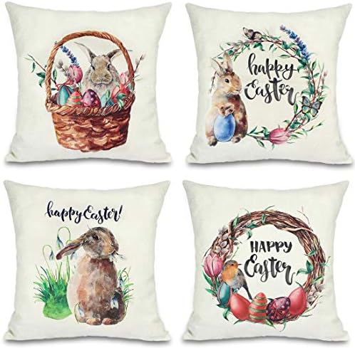 Bunny Egg Spring Accent Pillows Set of 4 Cotton Linen Cushion Square Accent Pillows 18 x 18 Inch Spring Decorative Accent Pillows for Living Room Sofa Couch Bed Home Decor, Bunny Egg Bird Nest