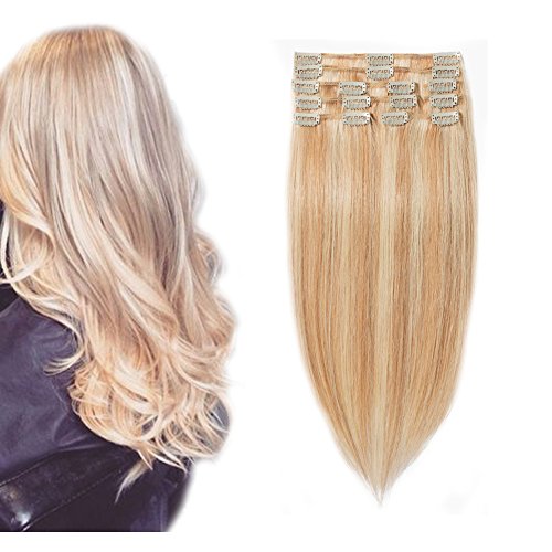 Clip in 100% Remy Human Hair Extensions #18/613 8"-24" Grade 7A Quality Full Head 8pcs 18clips Long Soft Silky Straight for Women Fashion 20" / 20 inch 105g ,Light Ash Blonde with Bleach Blonde