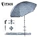 Titan 8 Foot Beach Umbrella with Sand Anchor. Fully Telescoping. UPF 50 Plus Rating. Tilting 2 Piece Design. Includes 4 Prong Hanging Hook, Corkscrew Anchor, and Carrying Bag.