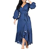 utcoco Womens Casual Belted Long Sleeve Denim Dress Wrapped V-Neck Ruffle Hem Maxi Denim Dresses for Women 2025