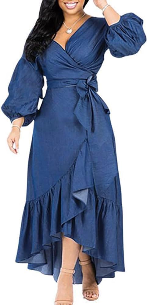 Photo 1 of utcoco Womens Casual Belted Long Sleeve Denim Dress Wrapped V-Neck Ruffle Hem Maxi Denim Dresses for Women 2025 (Large, Blue)
