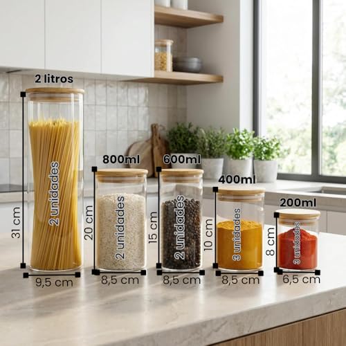 Kit com 11 Potes para Mantimentos Herméticos de Vidro com Tampa de Bambu, Vedação em Silicone, Organizador e Armazenamento para Cozinha e Despensa, Porta manetimentos.