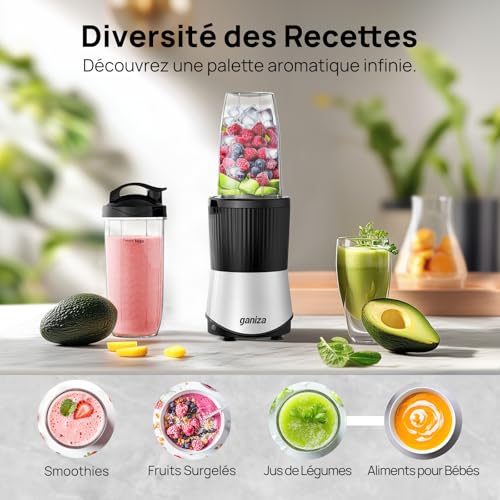 Ganiza Smoothie Maker 900W, Mini Blender with 25000rpm, 3 Tritan To-Go Bottles (300ml, 500ml & 700ml), 4 Asymmetrical Blenders, for All Types of Shakes and Smoothies, Silver/Black