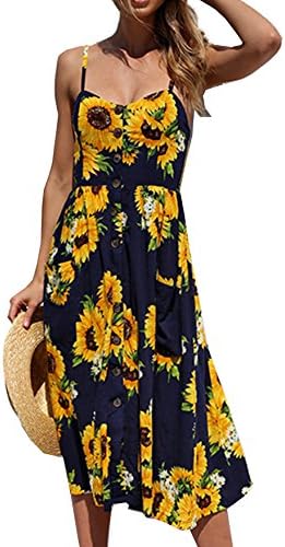 Flying Rabbit Women's Summer Floral Print Bohemian Dress Spaghetti Strap Decorative Button Swing Midi Dress with Pockets