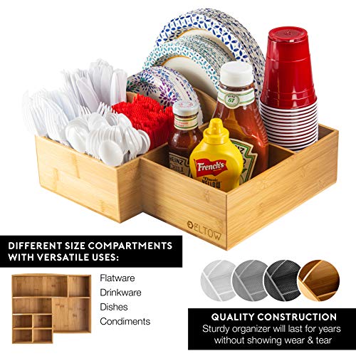 Eltow Bamboo Plate and Cutlery Organizer: Large Kitchen Spoon, Fork, Knives and Cups Holder - Stylish and Sturdy Bowl, Napkin and Tableware Dispenser - Home, Restaurant, BBQ and Picnic Plate Organizer