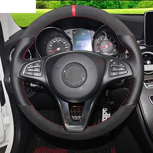 ZHOUMOFXP Black Genuine Leather Black Suede Red Marker Hand Stitched Car Steering Wheel Cover,for Mercedes Benz C180 C200 W205 C300 B200