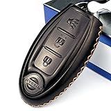 Cadtealir Calfskin Genuine Leather 2008-2018 Nissan 350Z 370Z Cube Juke Leaf Armada Murano Pathfinder Quest Rogue Sentra Titan Key fob Cover case Holder only 3 Buttons Black Color