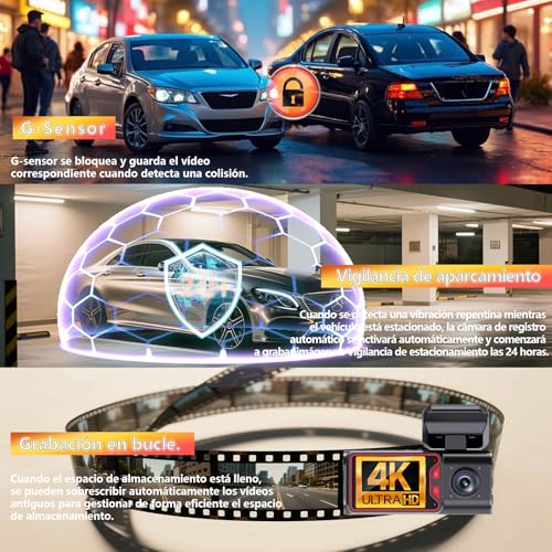 Dashcam Frontal y Trasera Dos en Uno Frontal 4K + Trasera 1080P, Gran Angular 170°, Amplio Rango Dinámico (WDR), Función de Visión Nocturna, G-Sensor, 24H Monitor de Estacionamiento, Control WiFi