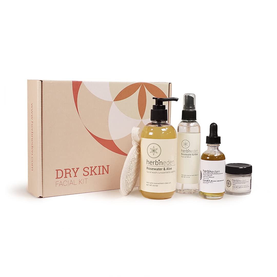 Photo 1 of ’n Eden - Dry Skin Facial Kit - Cleanse, Mist, Moisturize, & Nourish - Natural Ingredients & Essential Oils - Made in USA - 5 Product Set includes Wash, Mist, Serum, Body Butter, Sisal
