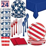HeroFiber Disposable Paper Dinnerware for 24 - Patriotic - 2 Size Plates, Cups, Napkins , Cutlery (Spoons, Forks, Knives), and Tablecovers - Full Party Supply Pack