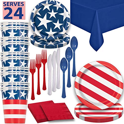 HeroFiber Disposable Paper Dinnerware for 24 - Patriotic - 2 Size Plates, Cups, Napkins , Cutlery (Spoons, Forks, Knives), and Tablecovers - Full Party Supply Pack