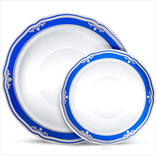 Laura Stein Designer Dinnerware Set | 64 Disposable Plastic Party Bowls | White Wedding Bowl with Blue Rim & Silver Accents | Includes 32 x 12 oz Soup Bowls + 32 x 5 oz Dessert Bowls | Cobalt Blue