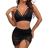 Favnac Women High Waisted Bikini Sets Tummy Control Swim Skirt Swimsuits Mesh Swimwear Cross Back Knot Bathing Suit 2 Piece