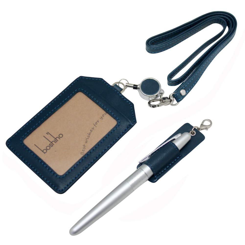 Leather Badge Holder Vertical Style, Boshiho Genuine Cowhide Leather Credit ID Card Holder Stretch Neck Lanyard and Pen Holder for Office (Blue)
