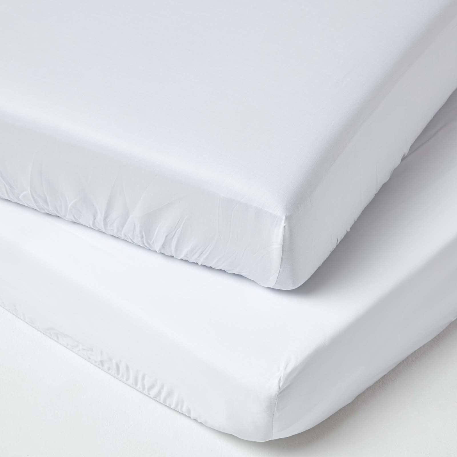 HOMESCAPES White Cot Fitted Sheets 60 x 120 cm 2 Pack 100% Organic Cotton sateen Soft Hypoallergenic Cot Sheet with Fully Elasticated Skirt Breathable Easy Care 400 TC 600 Thread Count Equivalent