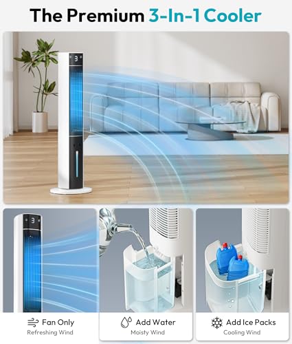 Rellytech Evaporative Air Cooler - Swamp Cooler with 3L Water Tank, 3 Modes & 3 Speeds, Remote Control, 12H Timer, 50° Oscillating Portable Bladeless Cooling Tower Fan For Room Bedroom Office