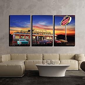 3 Piece Canvas Wall Art - Retro American Diner at Dusk - Modern Home Art Stretched and Framed Ready to Hang - 16"x24"x3 Panels